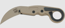 Load image into Gallery viewer, CRKT Kinematic Provoke Folding Kerambit Knife Desert Sand. This knife is based on the Malaysian Kerambit (tiger claw) knife.  A truly futuristic EDC option!  Buy Now at School of Arms Media https://schoolofarmsmedia.com/