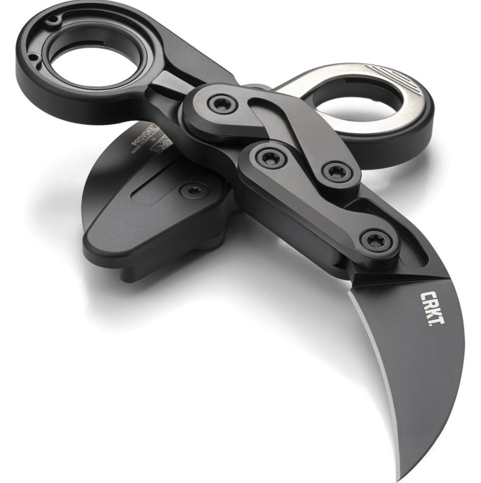 CRKT Kinematic Provoke Folding Kerambit Knife First Responder. This knife is based on the Malaysian Kerambit (tiger claw) knife.  Equipped with a ceramic glass breaker - specifically designed for the first responder. A truly futuristic EDC option!  Buy Now at School of Arms Media https://schoolofarmsmedia.com/