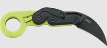 Load image into Gallery viewer, CRKT Kinematic Provoke Folding Kerambit Knife Zap. This knife is based on the Malaysian Kerambit (tiger claw) knife.  with the electric green handle, this one is sure to be an eye catcher. A truly futuristic EDC option!  Buy Now at School of Arms Media https://schoolofarmsmedia.com/