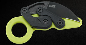 CRKT Kinematic Provoke Folding Kerambit Knife Zap. This knife is based on the Malaysian Kerambit (tiger claw) knife.  with the electric green handle, this one is sure to be an eye catcher. A truly futuristic EDC option!  Buy Now at School of Arms Media https://schoolofarmsmedia.com/